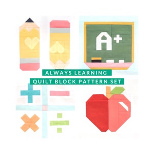 Set of 4 School/Homeschool Quilt Block Patterns:Chalkboard, Apple, Pencils, Math - Instructions for 6&quot;, 12&quot;, 18&quot; and 24&quot; blocks 15% Savings