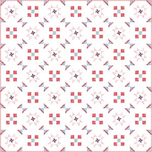 May include: A white quilt with a repeating pattern of red and light blue squares, stars, and triangles. The quilt has a red border and a distressed, vintage look. The design is symmetrical and geometric.