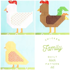 Set of 3 Chicken Family Quilt Block Patterns - Chicken Hen, Rooster, Chicken Chick Instructions for 6 & 12 inch blocks 15% Savings