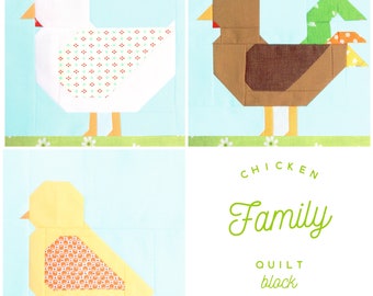 Set of 3 Chicken Family Quilt Block Patterns - Chicken Hen, Rooster, Chicken Chick Instructions for 6 & 12 inch blocks 15% Savings