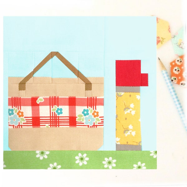 Picnic Basket and Thermos Retro Summer PDF Quilt Block Pattern - Includes instructions for 6 inch and 12 inch Finished Blocks