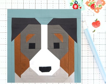 Australian Shepherd Sheepdog Aussie Dog Puppy Quilt Block PDF pattern - Instructions for 6 inch, 12 inch, 18 inch, 24 inch Finished Blocks