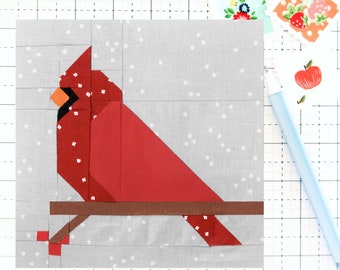 PDF Cardinale Quilt Block Pattern Winter Bird - Include istruzioni per il riattacco tradizionale di blocchi da 6 pollici, 12 pollici, 18 pollici e 24 pollici