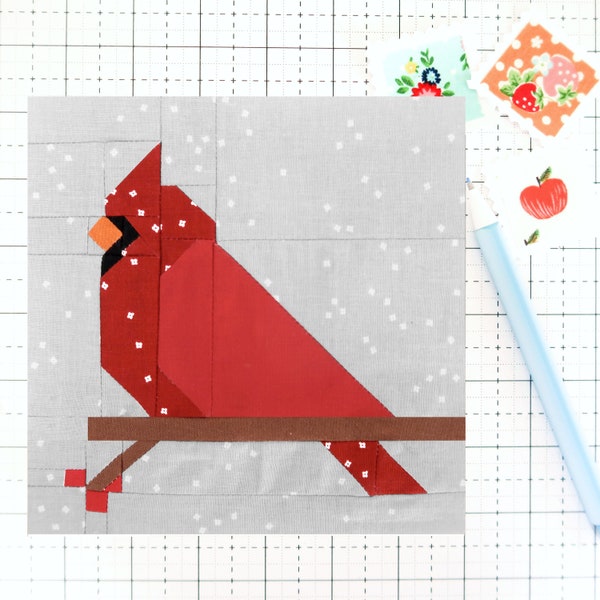 Motif de blocs de courtepointe Cardinal Winter Bird PDF - Comprend des instructions pour l'assemblage traditionnel de blocs de 6 pouces, 12 pouces, 18 pouces et 24 pouces