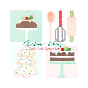 Set of 4 Christmas Baking Quilt Block Patterns: Figgy Pudding, Cake, Sugar Cookie, Utensils - Makes 6&quot;, 12&quot;, 18&quot; and 24&quot; blocks 15% Savings