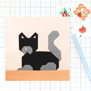 秋の黒猫の秋の動物キルトブロック PDF パターン - 6 インチ、12 インチ、18 インチ、24 インチの完成ブロックの説明が含まれています