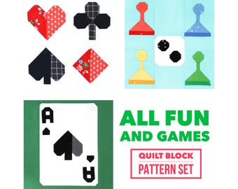 May include: A quilt block pattern set with the text "All Fun and Games" and "Quilt Block Pattern Set". The set includes images of playing cards, game pieces, and a soccer ball.