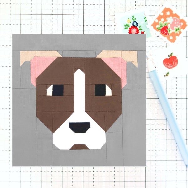Pit Bull Terrier Dog Puppy Quilt Block PDF pattern -Includes instructions for 6 inch, 12 inch, 18 inch and 24 inch Finished Blocks