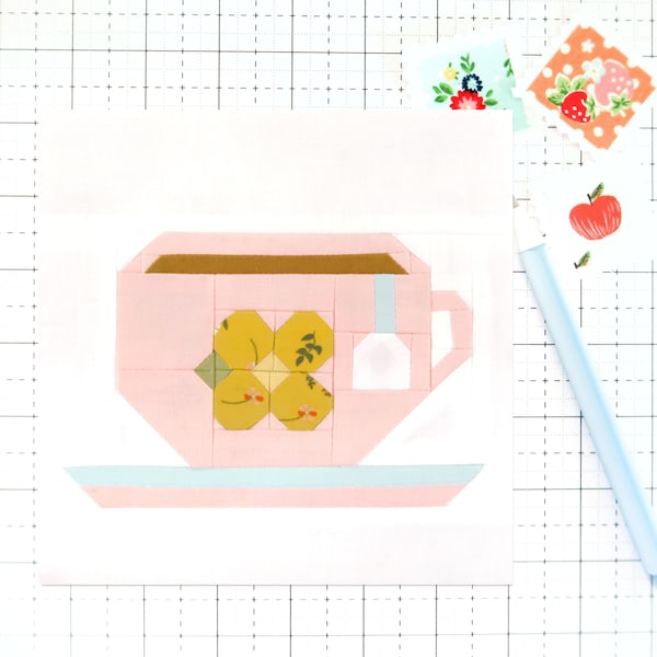 Spring Floral Teacup Quilt Block PDF pattern - Includes instructions for 6 inch, 12 inch, 18 inch and 24 inch Finished Blocks