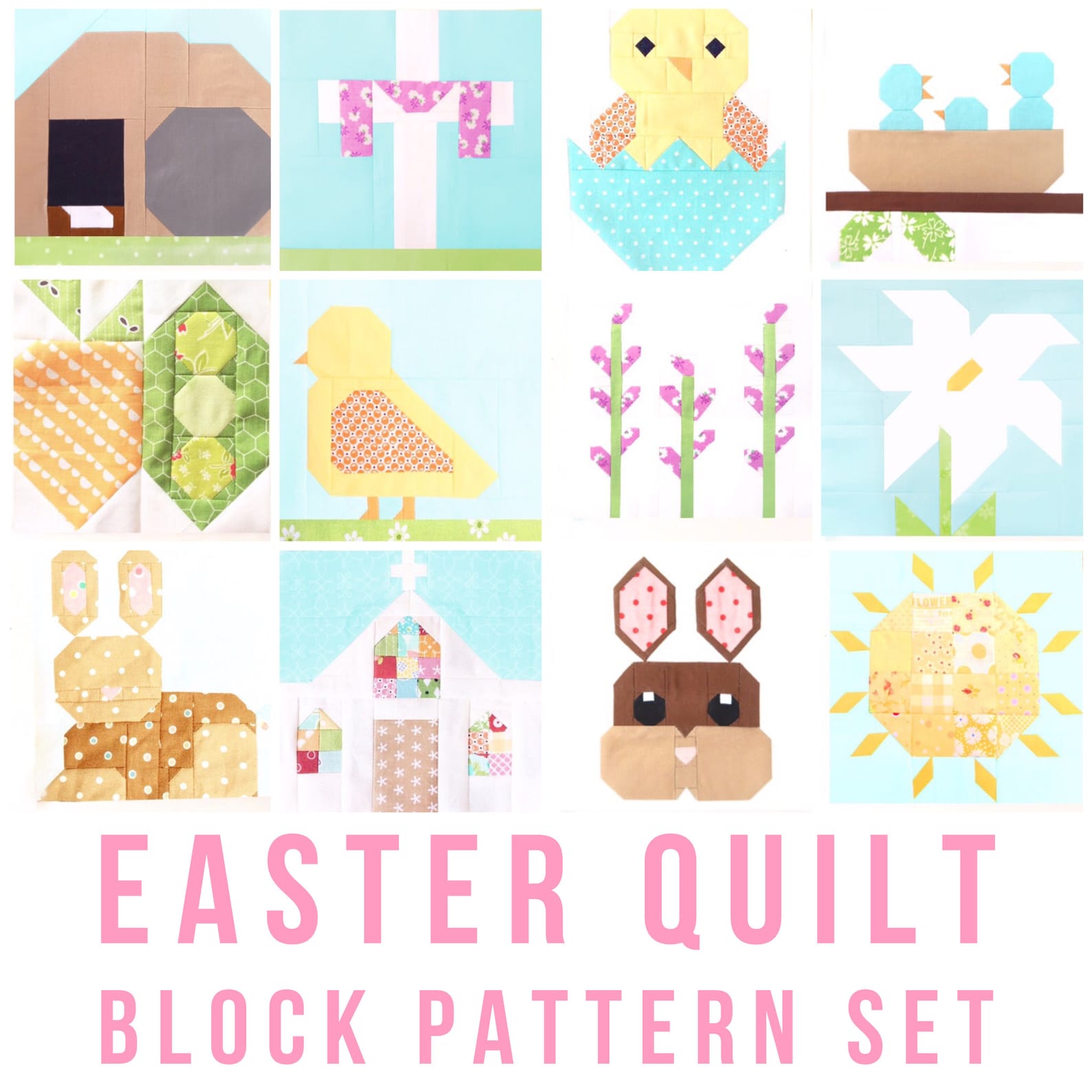 Set of 12 Easter Spring Quilt Block Patterns: Bunnies, Chicks, Cross ...
