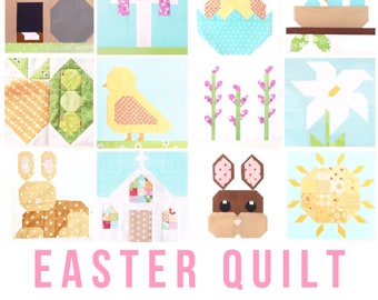 Set of 12 Easter Spring Quilt Block Patterns: Bunnies, Chicks, Cross, Empty Tomb, Flowers 6 inch and 12 inch blocks 25% Savings