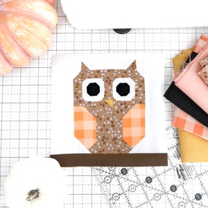 May include: A brown and orange patchwork owl applique on a white background. The owl has black eyes and a brown beak. The owl is sitting on a brown branch. The applique is on a white fabric with a grid pattern.