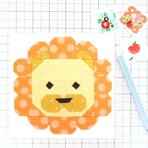 Lion Animal Zoo Jungle Safari Quilt Block PDF pattern - Includes instructions for 6 inch and 12 inch Finished Blocks