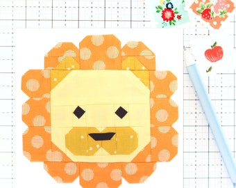 Lion Animal Zoo Jungle Safari Quilt Block PDF pattern - Includes instructions for 6 inch and 12 inch Finished Blocks