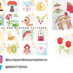 May include: A collection of 16 colorful quilt blocks featuring various designs, including a gnome, a reindeer, a gingerbread house, a beehive, a tulip, and a Christmas stocking. The blocks are arranged in a grid pattern and are surrounded by a white background. The text "Burlap and Blossom Patterns" is displayed at the bottom of the image.