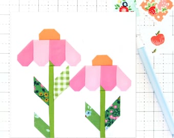 Cone Flowers Quilt Block Pattern PDF Spring Echinacea Flower - Instructions for 6 inch, 9 inch, 12 inch, 18 inch, 24 inch Finished Blocks