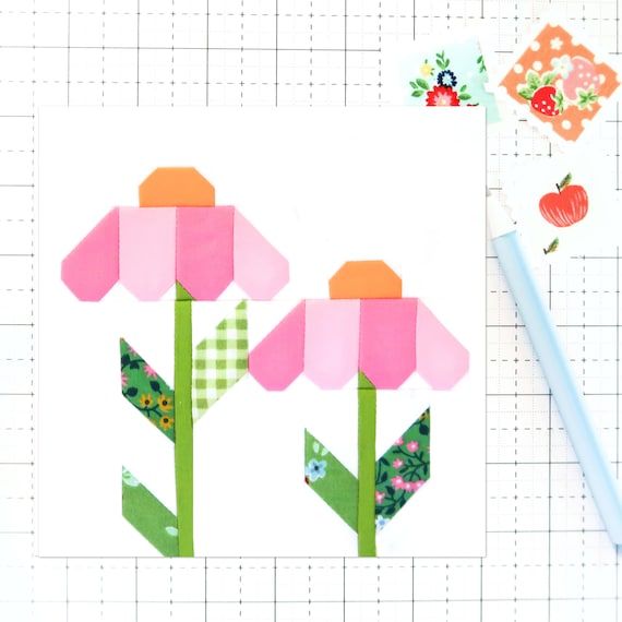 Cone Flowers Quilt Block Pattern PDF Spring Echinacea Flower - Instructions for 6 inch, 9 inch, 12 inch, 18 inch, 24 inch Finished Blocks