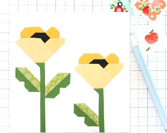 Poppies Spring Flower Poppy Quilt Block PDF pattern- Instructions for 6 inch, 9 inch, 12 inch, 18 inch, 24 inch Finished Blocks