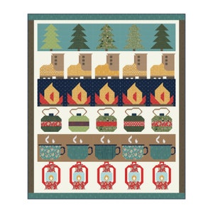 Love You S'more Camping Row Quilt PDF Quilt Pattern - Traditional Piecing Throw Quilt - Trees, Boots, Campfires, Canteens, Mugs, Lanterns