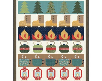 Love You S'more Camping Row Quilt PDF Quilt Pattern - Traditional Piecing Throw Quilt - Trees, Boots, Campfires, Canteens, Mugs, Lanterns