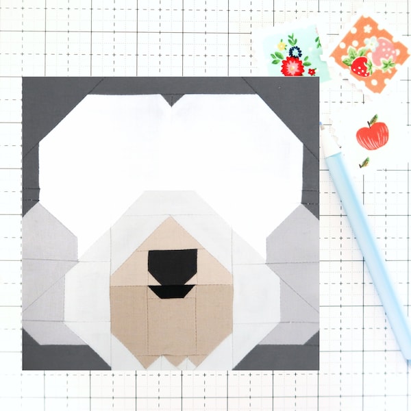 Old English Sheepdog Dog Puppy Quilt Block PDF pattern - Includes instructions for 6 inch, 12 inch, 18 inch and 24 inch Finished Blocks