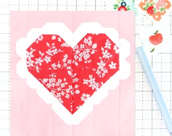Be My Valentine Herz Quilt Block Pattern PDF - Anweisungen für 6-Zoll-, 9-Zoll-, 12-Zoll-, 18-Zoll-, 24-Zoll-Blöcke, traditionelles Patchworken