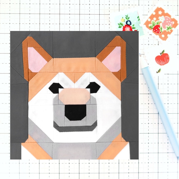Shiba Inu Dog Puppy Quilt Block PDF pattern - Includes instructions for 6 inch, 12 inch, 18 inch and 24 inch Finished Blocks