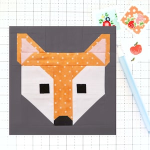 Modello PDF per blocco trapunta Fox Fall Autum Woodland Animal - Include istruzioni per blocchi trapunta finiti da 6 pollici, 12 pollici, 18 pollici, 24 pollici