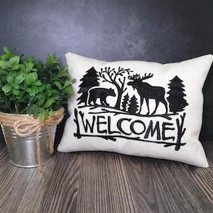 Embroidered Bear & Moose Canvas Pillow: Rustic Lodge Decor (9.25 x 6.50 Inches)