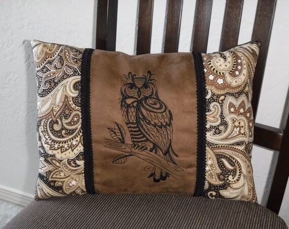 Brown Faux Suede Embroidered Owl Handmade Pillow Complete Etsy