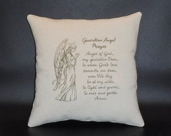 Guardian Angel Prayer Scrip Embroidered Shelf Pillow, 9 x 9 Inches, Handmade Pillow, Canvas Pillow