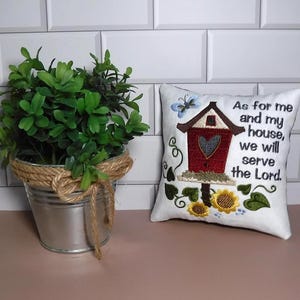 Small Embroidered Serve the Lord Shelf Pillow,5 x 5 Inches, Handmade Pillow, Small Pillow, Shelf Sitter, Decorative Pillow