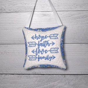 Embroidered Hope, Faith, Love, Family Door Knob Hanger, Christian Decor, Hanging Pillow, Door Decoration