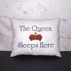 Embroidered 'The Queen Sleeps Here' Pillow: Handmade Suede Bed Pillow (9.50 x 7.50 Inches)