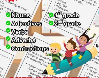 Grammaticawerkbladen 1e en 2e graad | Zelfstandige naamwoorden, werkwoorden, bijvoeglijke naamwoorden, bijwoorden (digitale download)