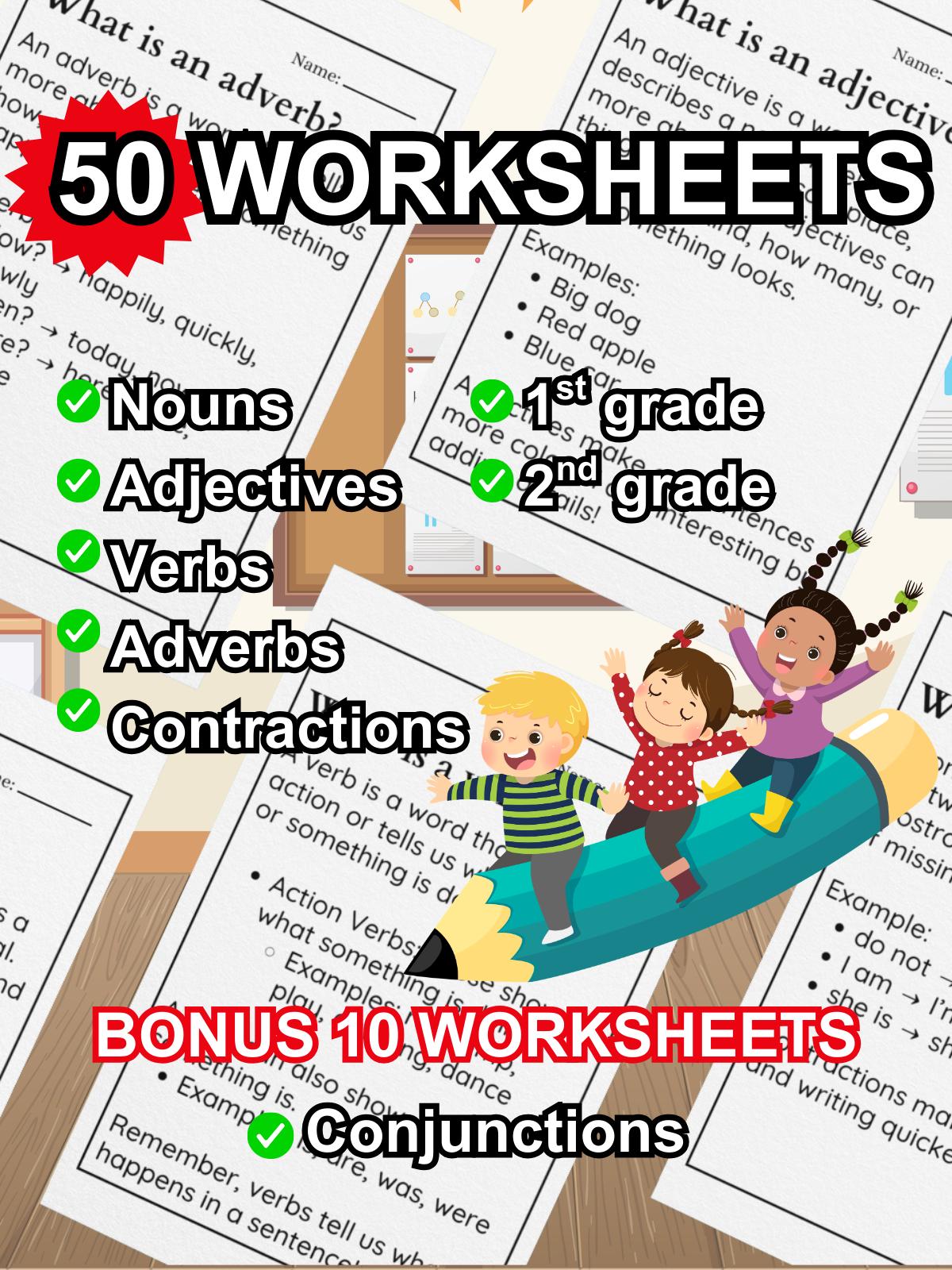 1st & 2nd Grade Grammar Worksheets | Nouns, Verbs, Adjectives, Adverbs ...
