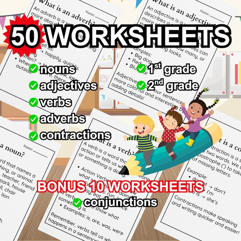 1st & 2nd Grade Grammar Worksheets | Nouns, Verbs, Adjectives, Adverbs ...