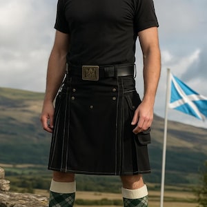 Scottish Black Utility Kilt 100% Cotton kilt with Cargo Side Pocket and Buckle Strap Tactical Cargo Kilt for Mens