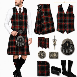 Könnte beinhalten: Ein traditionelles Kilt-Outfit bestehend aus einem Schottenrock, einer passenden Weste und einer Krawatte. Zubehör umfasst einen Fell-Sporran, einen Ledergürtel mit Metallschnalle, eine Kiltnadel, Flashes, ein Plaid und schwarze Socken. Text: Available in 60+ Tartans.