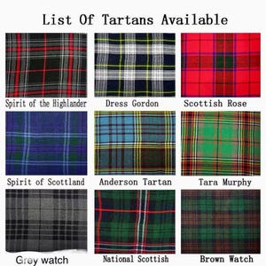 May include: A grid of nine different tartan patterns, each with a unique color scheme and name. The tartans include Spirit of the Highlander, Dress Gordon, Scottish Rose, Spirit of Scotland, Anderson Tartan, Tara Murphy, Grey Watch, National Scottish, and Brown Watch.
