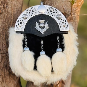 Scottish Kilt Sporran Black and White Rabbit Fur Sporran Leather sporran with 3Tassels-Belt & Chain