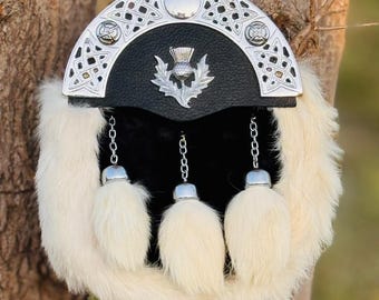 Scottish Kilt Sporran Black and White Rabbit Fur Sporran Leather sporran with 3Tassels-Belt & Chain