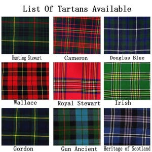 May include: A grid of nine tartan patterns, each with a unique design and name. The tartans feature various color combinations, including green, red, blue, and black. The text "List Of Tartans Available" is at the top.