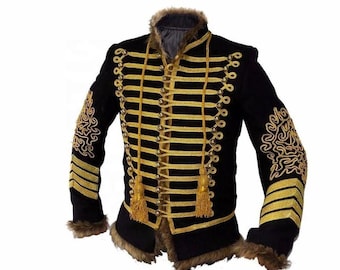 Men’s Black Military Parade Jacket with Gold Embroidery Vintage Style Hussar Military Uniform Coat, Chest Size 34” to 54 inch