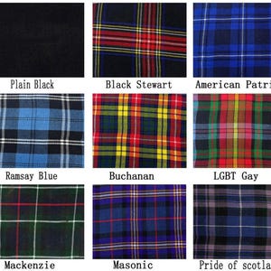 May include: A collection of nine fabric swatches showcasing various plaid patterns. The swatches include solid black, Black Stewart, American Patriot, Ramsay Blue, Buchanan, LGBT Gay, Mackenzie, Masonic, and Pride of Scotland designs.