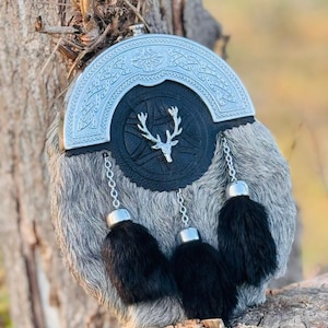 Scottish Kilt Sporran Grey Rabbit Fur Kilt Sporran Stag Head Sporran With 3 Fur Tassels-Belt & Chain