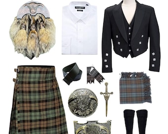 Scottish Kilt Outfit for Men 11 Piece Highland Tartan Set with Prince Charlie Jacket Traditional Bull Antique Kilt Outfit Set in 50+ Tartans