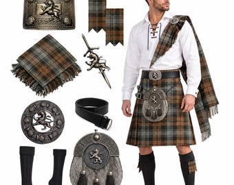Men's Scottish Tartan Kilt Outfit Antique Rampant Lion Kilt Set 10 PSC Wedding Highland Outfit Available 60+ Tartans