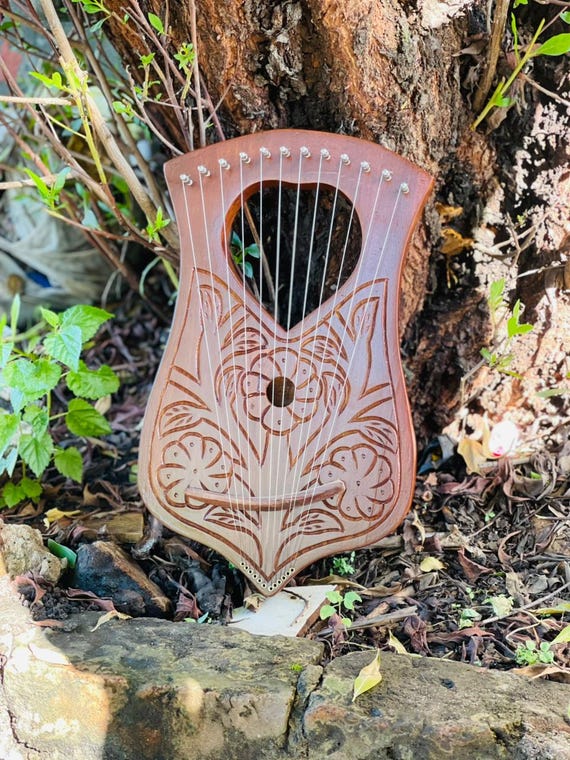 Rosewood Lyre Harp: 12 Metal Strings, Heart Flower Design lyre with free bag key and string
