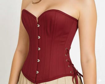 Woman Steel boned Laced up Overbust Corset Red Cotton Fashion corset Waist Trainer Heavy Duty corset